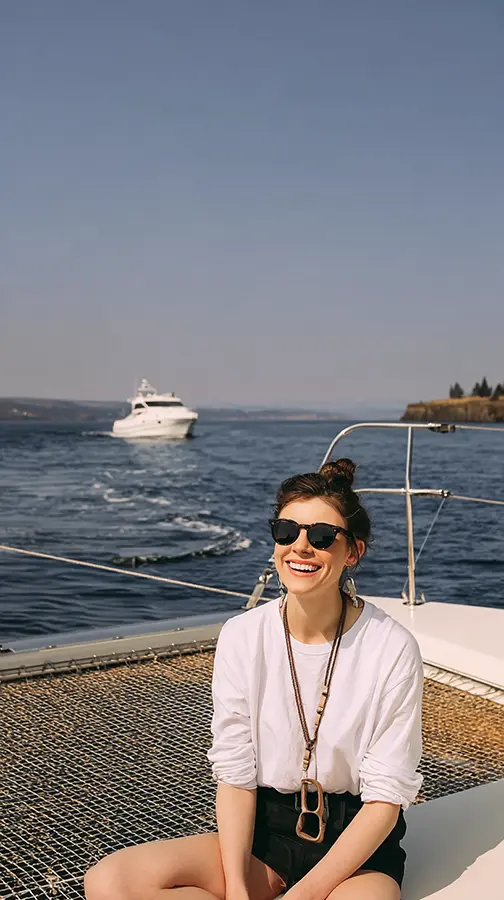 Una mujer toma al sol en la cubierta de un catamarán después de obtener su licencia PER complementario tras años con el PNB